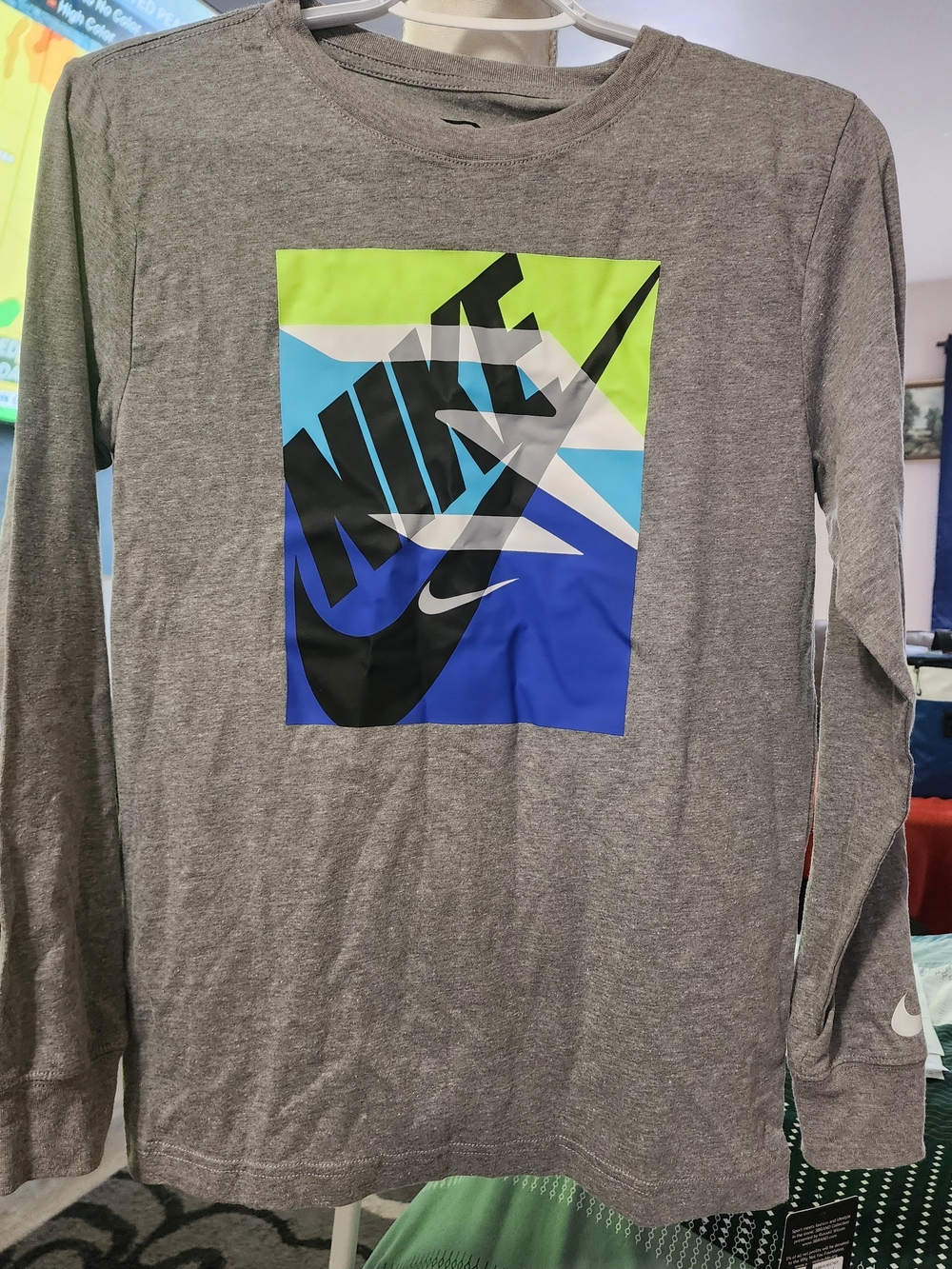 Nike 3 Brand Kid's Grey L/S Graphic Tee - Grey/ Blue/Neon Accents Sz Lrg NWT